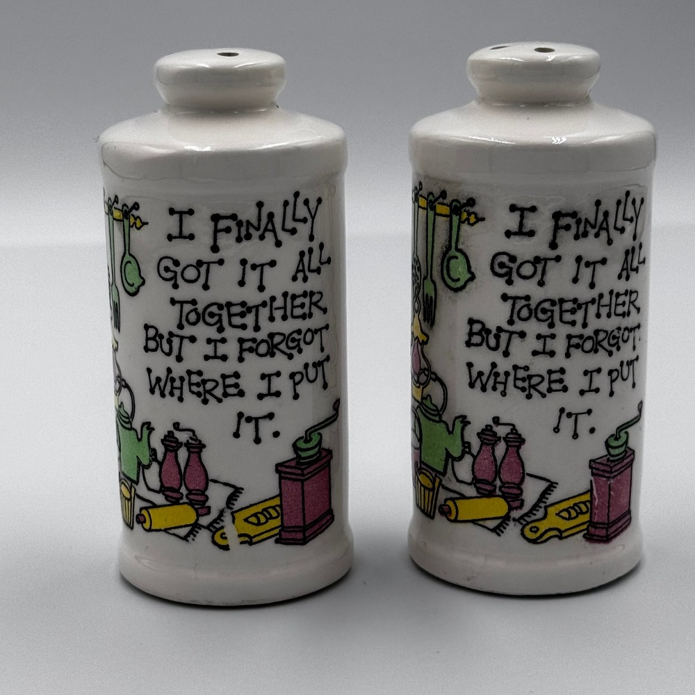 Vintage Japan Ceramic Salt and Pepper Shakers Humorous Quote Kitchen Decor White